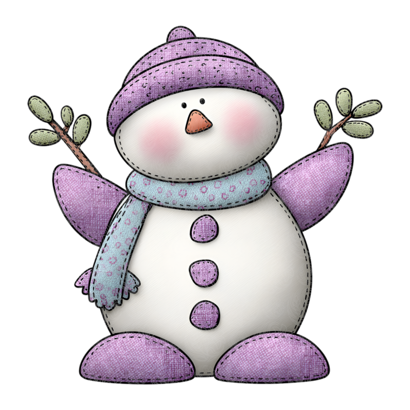 Whimsical snowman wearing purple hat scarf and mittens holding snowy branches Grey Barn Handwerk, Saskatchewan.